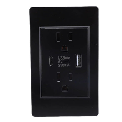 Heavy Duty Wall Outlet With Usb And Type C Port 15A Pc Flame Retardant Electrical Receptacle with dual USB ports in black.