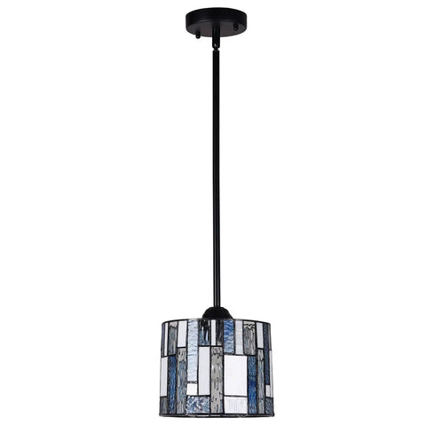 Pendant with stained glass shade, Blue Tiffany Pendant Light Dope 8 Inch Wide Adjustable Hanging Ceiling Lamp With 10 Inch Tubes For Kitchen Island And Dining Room Vintage Stained Glass Fixture For Indoor Decor.