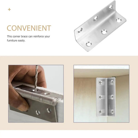 Stainless Steel 90 Degree L Shaped Corner Braces 8 Pack Heavy Duty Angle Brackets for cabinet assembly and support.