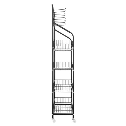 Four Tier Metal Wire Display Rack And Snack Candy Organizer With Ten Hooks Smooth Rolling Wheels And Rock Solid Design For Top Shelf Retail Setup And Hassle Free Sorting In Black, side view with shelves and hooks visible.