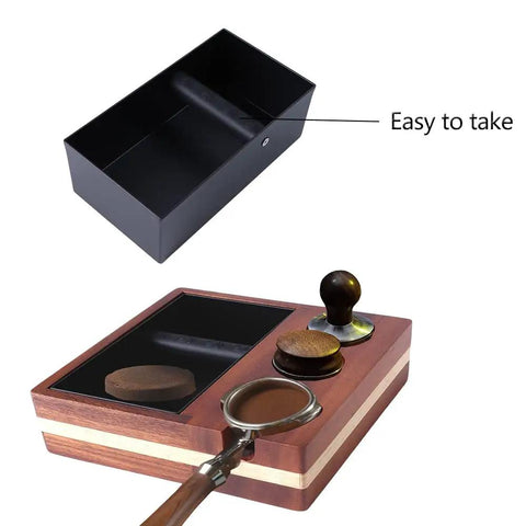 All In One Barista Grade Coffee Knock Box With 58mm Tamper in walnut wood, showing detachable stainless steel knock box feature