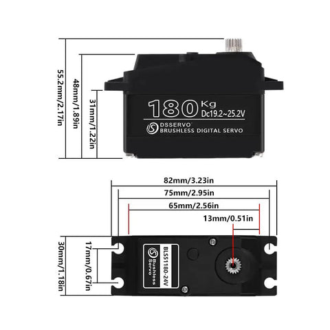 180Kgcm Brushless Digital RC Servo Waterproof IP67 dimensions diagram for One Fifth Scale RC Cars with measurements in inches and mm