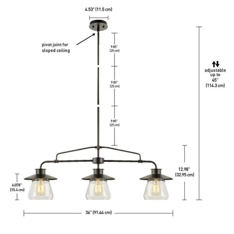 Three Light Pendant In Oil Rubbed Bronze With Clear Glass Shades, Classic Vintage Industrial Vibe For Any Ceiling, Adjustable Three Rod Suspension, Bulbs Not Included. Image shows pendant dimensions and adjustable rods.