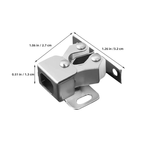 Super Sweet Double Roller Ball Latch 10 Pack For Kitchen Cabinets Wardrobes And Cupboards With Auto Lock Spring System Easy Install Style close-up metal latch design with dimensions.
