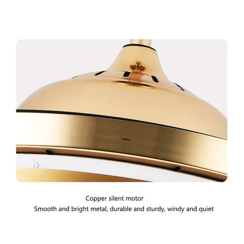Copper silent motor detail of the 42 Inch Crystal Chandelier Ceiling Fan With Invisible Blades And Wall Control Featuring Slick Airflow And Top Shelf Led Illumination Offering Three Color Tint Options For A Gold Room Refresh.
