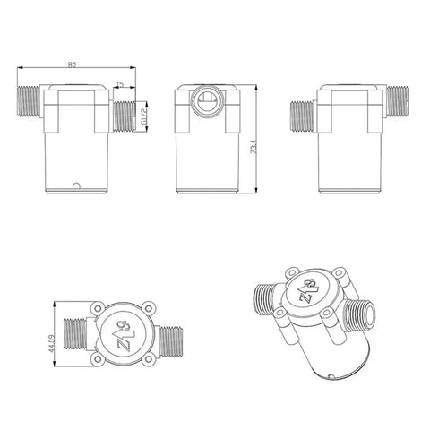 Micro Hydro Water Flow DC Generator Turbine For Home Use With G1 2 Interface, technical drawing showing dimensions and design.