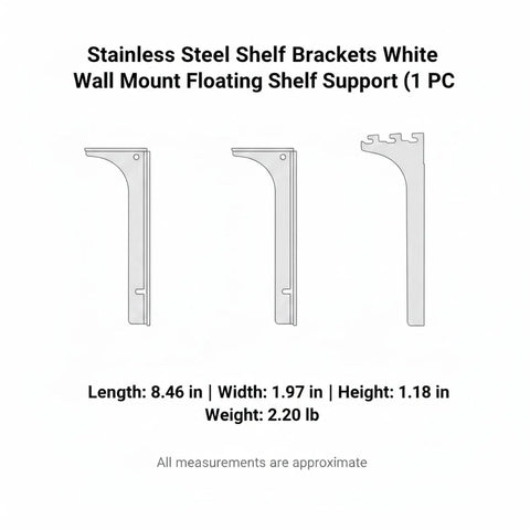 Size diagram of white stainless steel shelf brackets for wall mounting floating shelf support 1 pack with dimensions