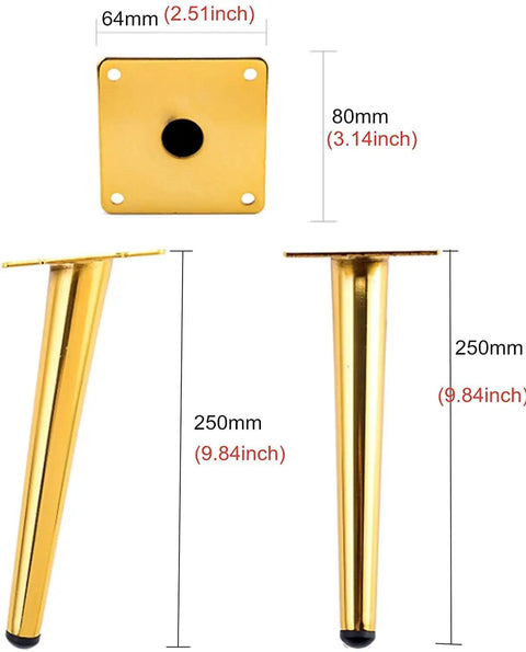 Heavy Duty Metal Table Legs 4 Pack Tapered Base With Pre Drilled Mounting Plate dimensions showing gold tapered legs and square plates.