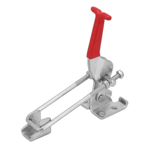 Built Like A Tank Carbon Steel Toggle Clamp With Quick Release Latch Action For Welding Woodworking Jig Assembly Featuring Triangular Gripping Lever Handle 120 Millimeter, red handle, side view.