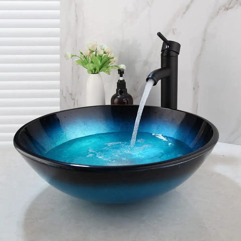 Blue Glass Vessel Bathroom Sink Set With Round Countertop Basin, Black Mixer Faucet And Pop Up Drain, Dope Modern Durable Vessel Sink Kit
