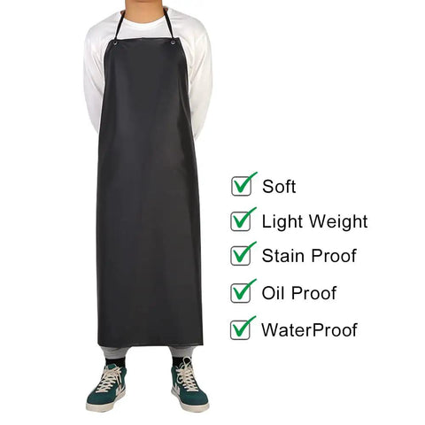 Heavy Duty Black PVC Apron For Kitchen And Workshop Chemical Resistant Waterproof Gear With Extra Long Straps Plus Size worn by person.