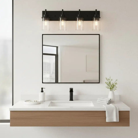 Three Light Matte Black Vanity Light Fixtures For Over Mirror In Bathroom with clear glass shades above modern sink