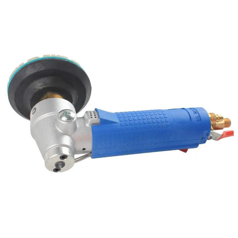 Side Exhaust Granite Air Wet Polisher With Backup Pad For Excellent Stone Polishing Performance Low Vibration And Noise Makes Your Job A Total Breeze With Reversible Handle And Muffler Included Max Speed Four Thousand Five Hundred Rpm showing side view with blue grip and backing pad
