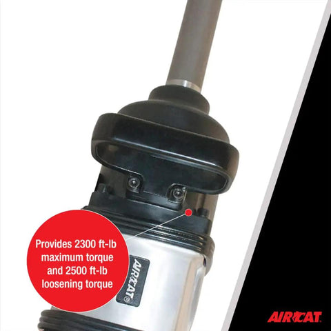 Close-up of 1 Inch Straight Air Powered Impact Wrench With 8 Inch Extended Anvil And 2500 Foot Pounds Of Knucklebusting Torque with torque detail.