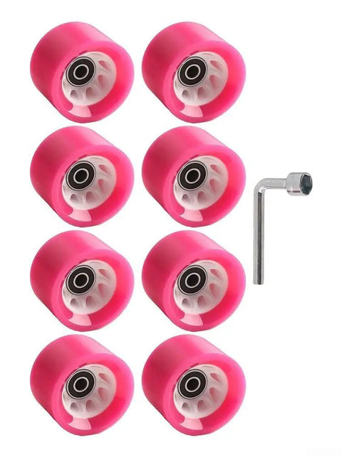 Eight Piece Roller Skate Wheel Set With 58x32mm And 58x39mm PU For A Smooth Ride, Fast Spin Bearings, Fits Double Row Skates And Quad Boards, Indoor Outdoor Use, 82A 95A Hardness, Wrench Included shown with wheels and wrench