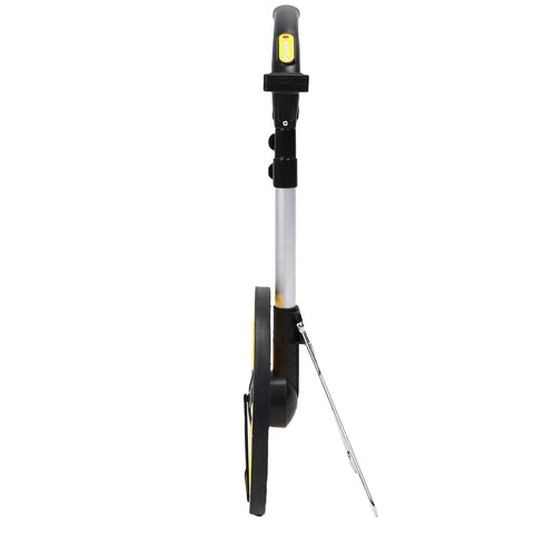 Jiawu Electronic Measuring Wheel Wide Range Telescopic Metric Imperial Wheel for Surveyors, Estimators, Engineers Aluminum Alloy ABS Rubber side view showing handle and wheel.
