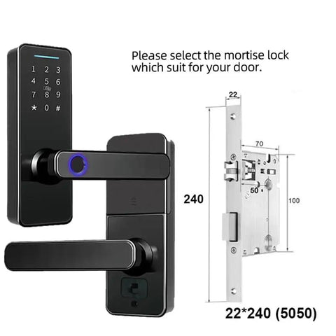Smart Door Lock With App Remote Unlocking Keyless Entry Electronic Deadbolt featuring responsive touchscreen keypad and dimensions shown.