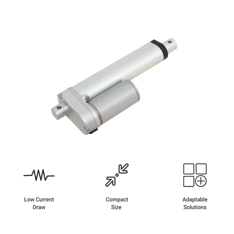12V Mini Linear Actuator with 8 inch stroke, 35 lbs force, tight compact design for home automation and manufacturing.