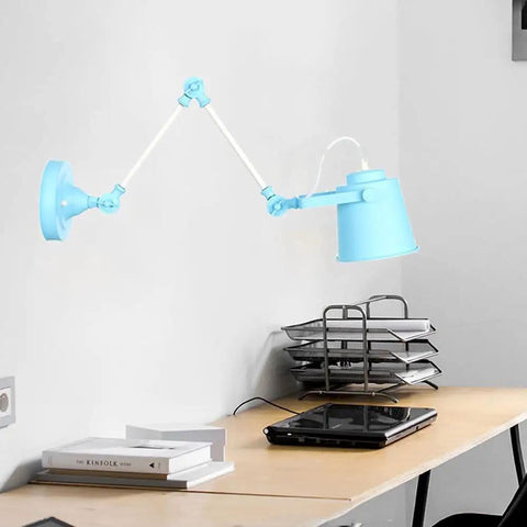 Real Deal Nordic Metal Swing Arm Wall Sconce Adjustable Task Light With Heavy Gauge Body E27 Compatible Easy Install For Bedroom Hallway Living Room Top Pick Gray White Finish, blue wall-mounted sconce over desk.