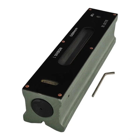 Industrial Mechanical Bar Level 0.02mm Accuracy, 200mm steel spirit level with adjustment features and hex key.