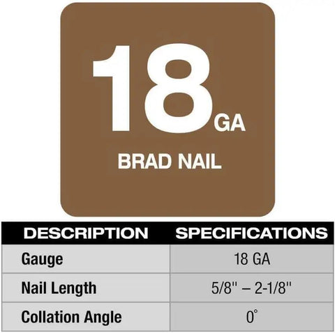 18 Gauge Cordless Brad Nailer Offering Kickass Trigger Response With Sequential Or Contact Actuation For Perfect Trim Applications Featuring Tool Free Depth Adjustments Dry Fire Lockout And A Badass Compact Build Anyone Can Trust specifications including gauge and nail length.