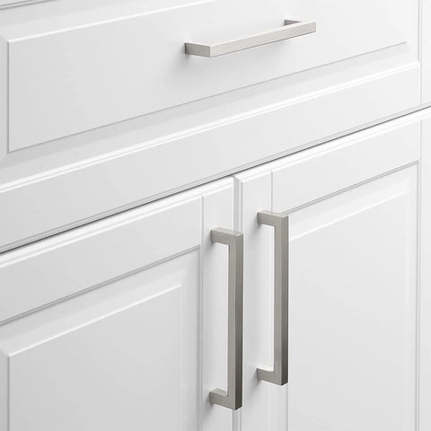 5 Inch Brushed Nickel Cabinet Pulls 10 Pack Square Handles Modern Stainless Steel Hardware For Cabinets Drawers Dressers Closets Smooth Brushed Nickel Finish Center Hole 5 Inch For Easy Installation installed on white cabinet doors