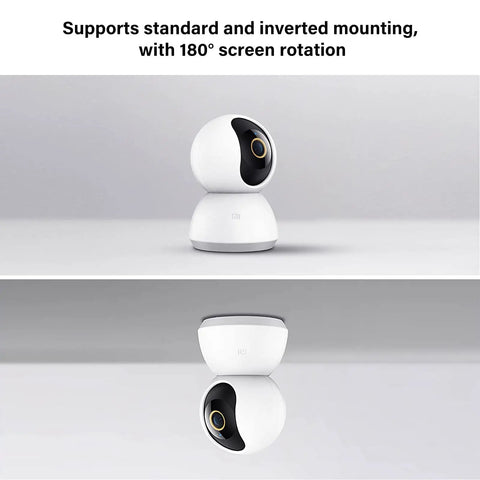 360 Degree All-In-One Home Security Cam 2K With AI Human Detection, 360 Pan, 108 Tilt, shown in standard and inverted positions
