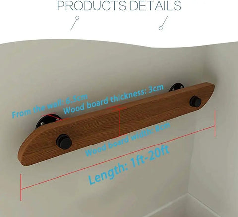 Heavy Duty Non Slip Wooden Stair Handrail With Strong Iron Bracket Support Four Foot Solid Wood Railing dimensions shown on wall.