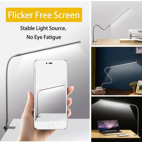USB LED Desk Lamp With Clamp 8 To 12W Adjustable Brightness Eye Friendly Totally Glare Free Gooseneck shown on a desk