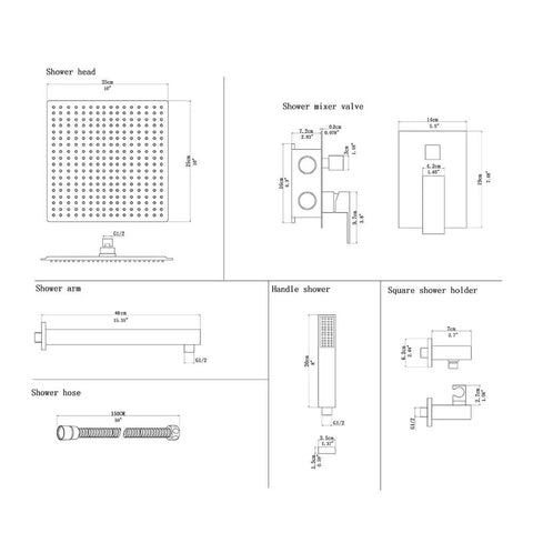 Dimensions diagram of Wall Mounted Rainfall Shower System With 10 Inch Rain Shower Head And Handheld Kit Chrome Finish Rough In Valve And Trim Included No Fuss Install Modern Bath Upgrade.