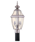Lancaster Traditional Two Light Outdoor Post Fixture In Antique Brushed Nickel Finish with clear beveled glass
