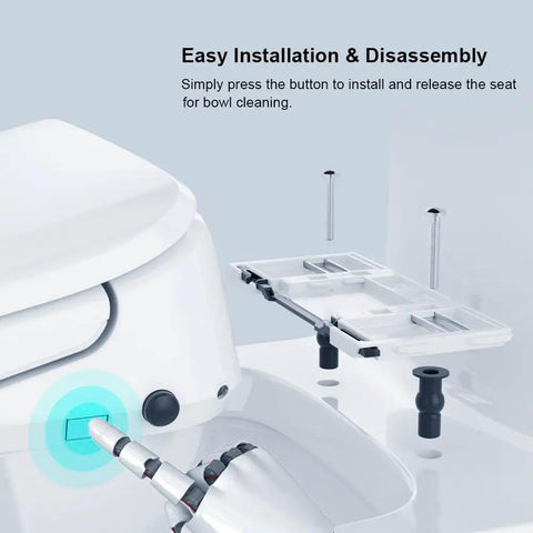 Electric Bidet Seat With Auto Open And Close Lid For Elongated Toilets showing easy installation button and seat detail.