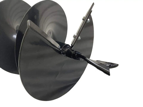 Close-up of Earth Auger Spiral Drill Bit 8 Inch Diameter 36 Inch Length Post Hole Digger with fishtail point on steel blade.