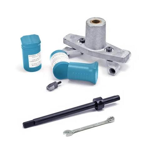Knuckle Buster Proof Precision Door Bore Mortiser Master Kit With Thirty Plus Carbide Tipped Wood Cutters And Relentless Plunging Accessories For Weekend Project Hustle parts including a mortiser head, lubricant, and tools.