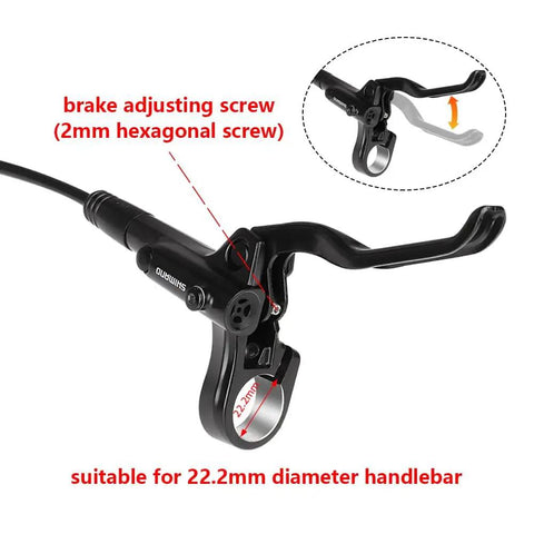 MT200 Hydraulic Disc Brake System Upgrade Kit With SM-RT56 160x180mm Rotors Left Front 800mm Cable Right Rear 1500mm Cable Aluminum Alloy Levers Calipers For Bike Beefy Braking Power, brake lever detail with adjusting screw, fits 22.2mm handlebar
