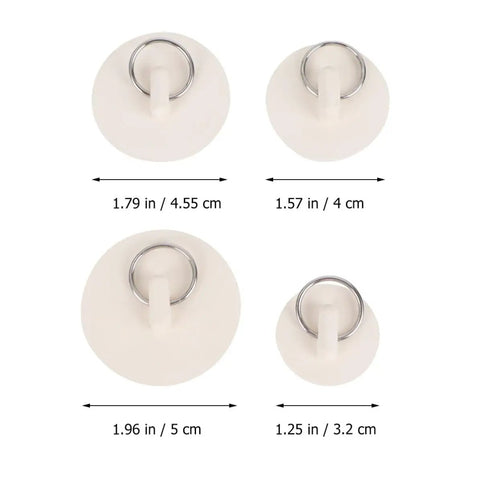 4pcs White Rubber Bathtub Stopper with Hanging Ring for Sink Drains, showcasing size variations and design details.
