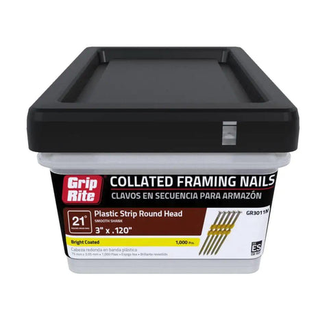 Grip-Rite box of 21 Degree Plastic Strip Round Head Framing Nails Bright Coated 3 In By 0.120 In Collated