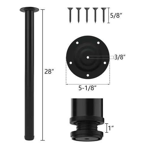 Beefy 28 Inch Adjustable Metal Table Legs Set Of 4 Black Heavy Duty Office Desk Kitchen Table Legs For Durable Furniture Includes Mount Plates And Screws 2 Inch Diameter With Leveling Pads components and dimensions
