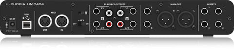 UMC404HD 4x4 USB Audio Interface with Midas Mic Preamps rear panel showing inputs and outputs