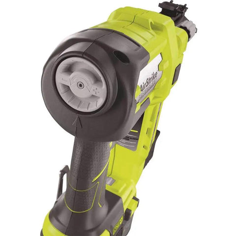 Close-up of Airstrike 18V Cordless Brad Nailer P320 One Plus Lithium Powered, showing pressure dial and low nail indicator