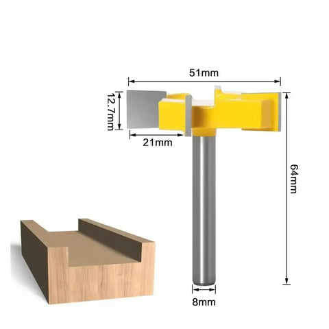 Premium 8mm 4 Edge T-Slot Router Bit For Precision Wood Slotting And Smooth Milling Cuts, 64mm length and 21mm width.