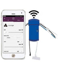 FanSync Smart WiFi Receiver For Levon Custom Ceiling Fan Blue, shown with app interface on smartphone screen