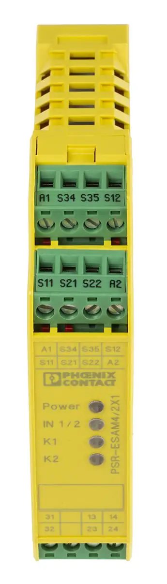 Heavy Duty Industrial Safety Relay With Straight Up Reliable Normally Open Contacts And A No Fuss Auxiliary Circuit Built Tough For 24 Vdc Control Panels And 250 Vac 6 Amp Machinery Model 2900525, yellow with green terminals.