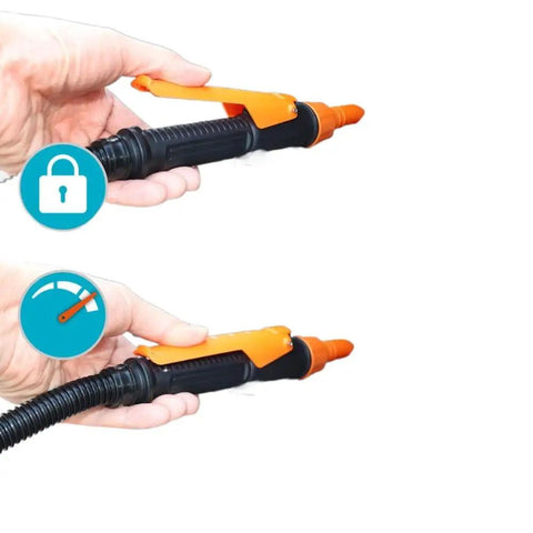 Image showing Compact Portable Liquid Transfer Pump For Automotive Use with handle, locking mechanism, and flexible hose.