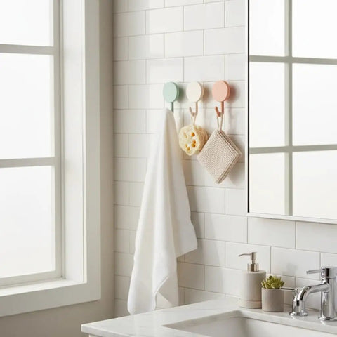 15 Pack Self Adhesive Wall Hooks With Hella Strong Grip No Drilling Damage Free Mounting For Towels Keys And Flatware Decorative Cutesy Style Perfect For Bathroom Office Or Closet Super Easy Setup And A Surefire Storage Winner with white towel and decorative items.