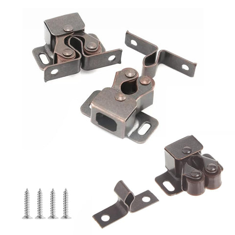 Six Pack Cabinet Latch With Double Roller Catch Hardware shown with screws and components, bronze finish, durable nylon and nickel-plated steel.
