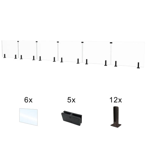 Top Shelf Frameless Glass Railing Kit Featuring Six Panels Of Crystal Clear Laminated Tempered Glass And Rock Solid Marine Grade Stainless Steel Mounting Hardware For Your Dream Outdoor Deck Project display with six glass panels and steel mounts.