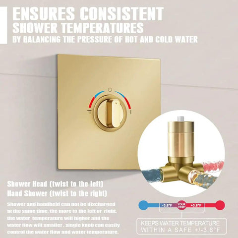Brushed Gold Shower System temperature control with single knob, ensuring balanced hot and cold water flow, hidden install