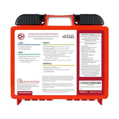 First aid kit in red compact plastic case with handle, OSHA/ANSI 100-piece kit for 10 people