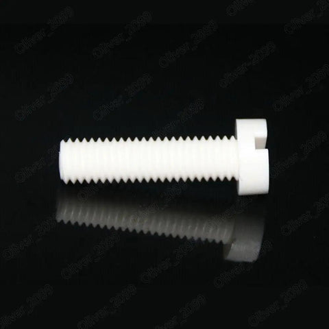Top Shelf Polypropylene Plastic Slotted Cheese Head Machine Screws Metric M4 M5 M6 M8 M10 M12 Coarse Thread Workhorse Corrosion Proof Non Conductive Heavy Duty Pro Pack Of One Hundred For Garage Hustle, white plastic screw on black background.